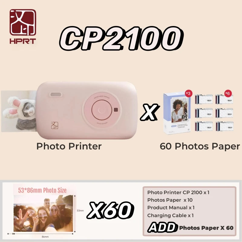 HPRT CP2100 Mini Photo Printer Portable Mini Color HD, Bluetooth Wireless Connection, Travel photo printer,permanent retention