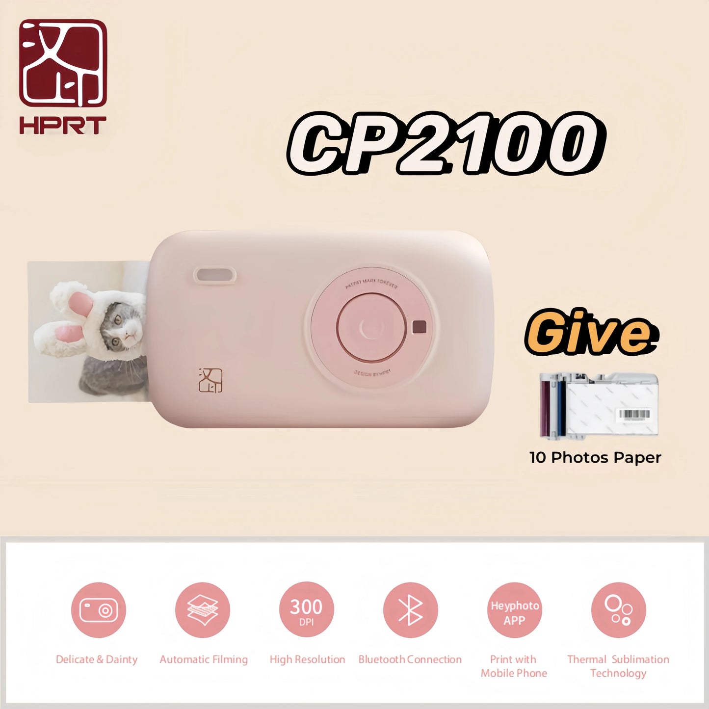 HPRT CP2100 Mini Photo Printer Portable Mini Color HD, Bluetooth Wireless Connection, Travel photo printer,permanent retention