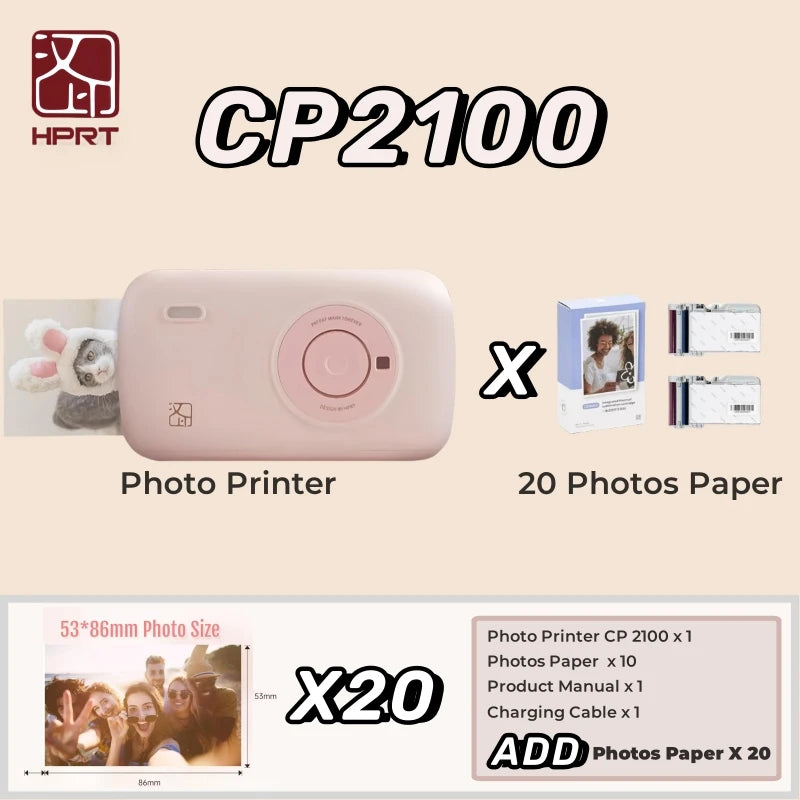 HPRT CP2100 Mini Photo Printer Portable Mini Color HD, Bluetooth Wireless Connection, Travel photo printer,permanent retention