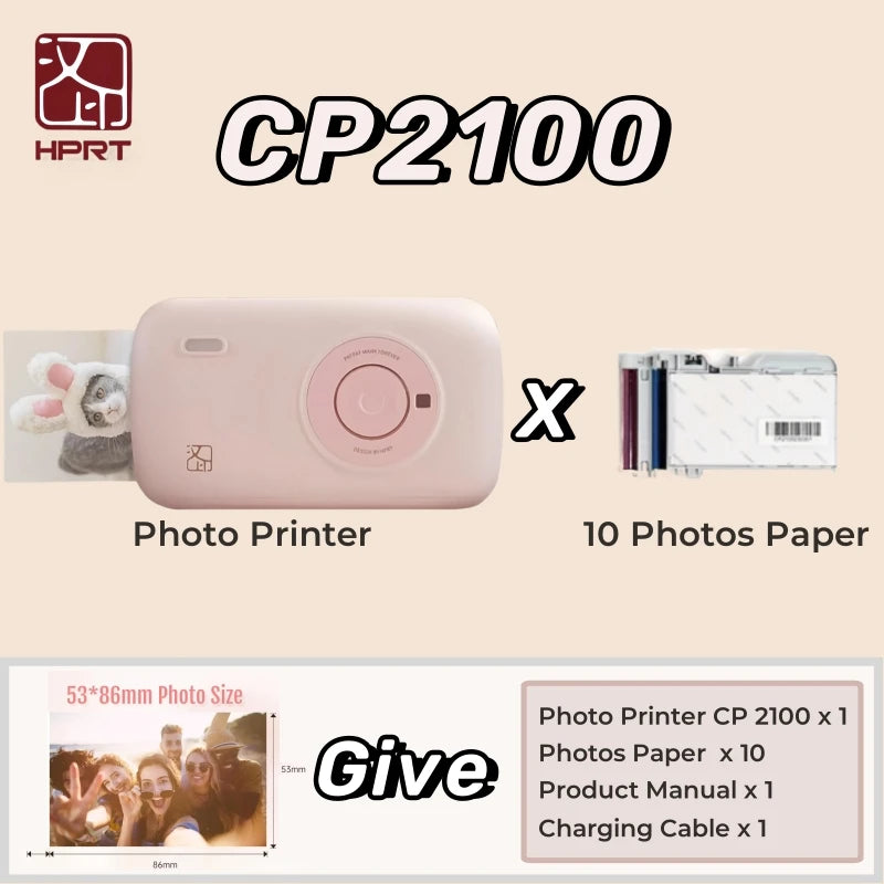 HPRT CP2100 Mini Photo Printer Portable Mini Color HD, Bluetooth Wireless Connection, Travel photo printer,permanent retention